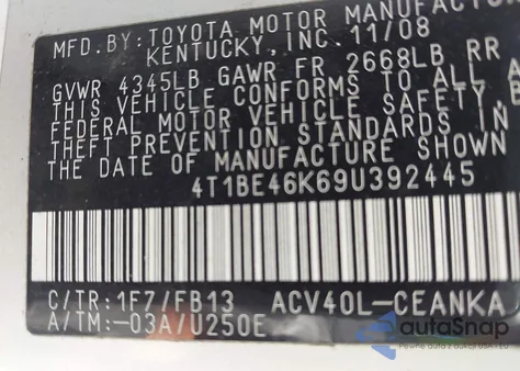 2009 Toyota Camry Le from USA, damaged, VIN 4T1BE46K69U392445